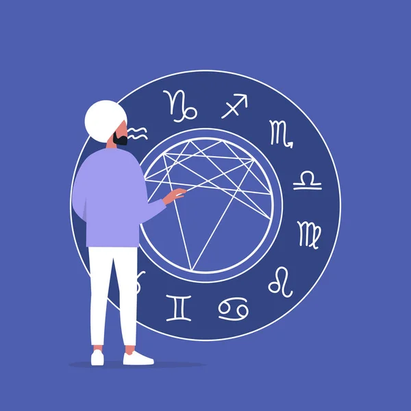 Astrologi Koncept Ung Indian Man Karaktär Läser Ett Födelsetal Diagram — Stock vektor