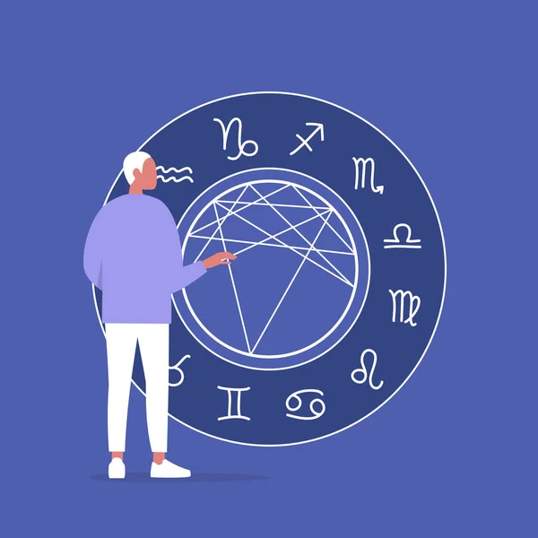 Astrologi Koncept Ung Man Tecken Läser Ett Födelsediagram Framtida Förutsägelse — Stock vektor