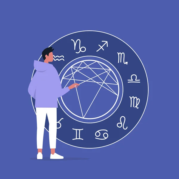 Astrologi Koncept Ung Man Tecken Läser Ett Födelsediagram Framtida Förutsägelse — Stock vektor