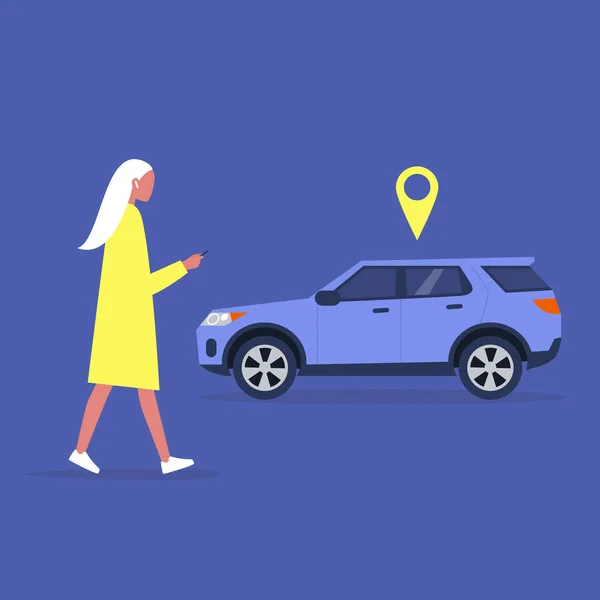 Personaje Femenino Joven Usando Servicio Aplicación Móvil Para Compartir Coche — Vector de stock