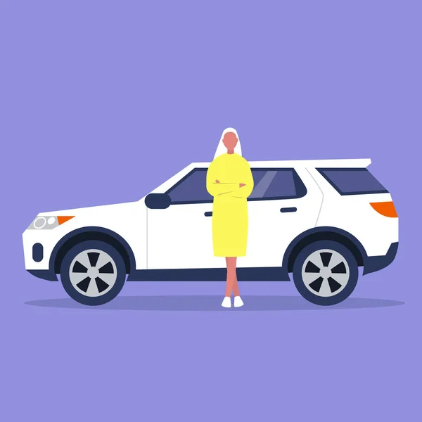 Personaje Femenino Joven Longitud Completa Apoyado Coche Deportivo Ilustración Vector — Archivo Imágenes Vectoriales