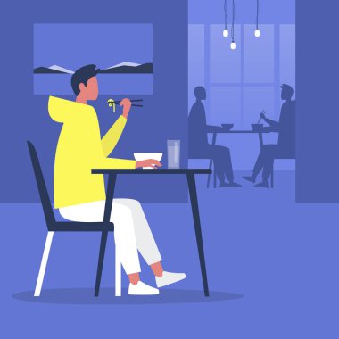 Genç erkek karakter yemek çubuklarıyla erişte yiyor modern bir doğu restoranında, milenyum yaşam tarzında, dışarıda yiyor.