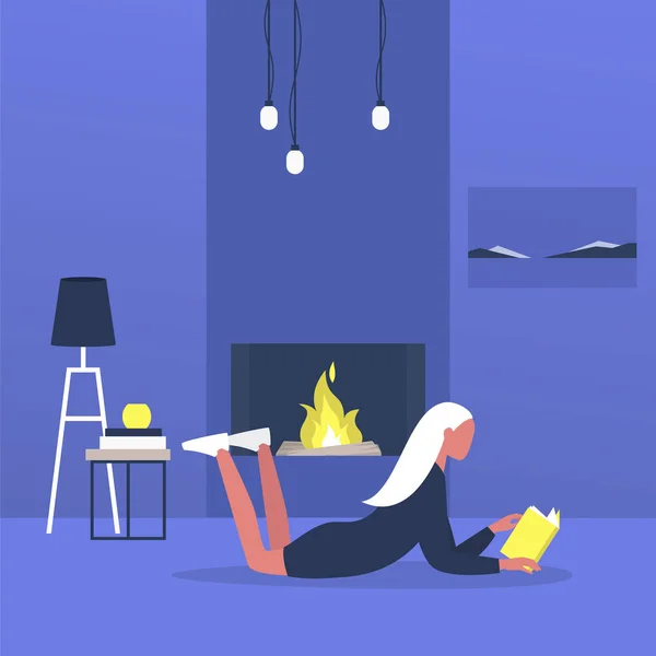 暖炉の隣の床に寝そべって本を読んでいる若い女性のキャラクター 現代のリビングルームのインテリア — ストックベクタ