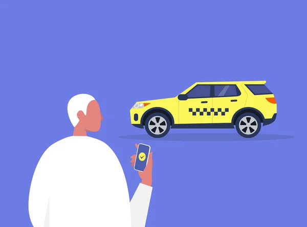 Joven Personaje Masculino Pidiendo Taxi Con Servicio Aplicación Móvil Cabina — Vector de stock