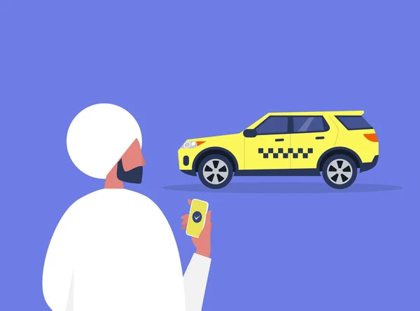 Mladý Indiánský Muž Objednání Taxi Mobilní App Služby Žlutý Kabina — Stockový vektor