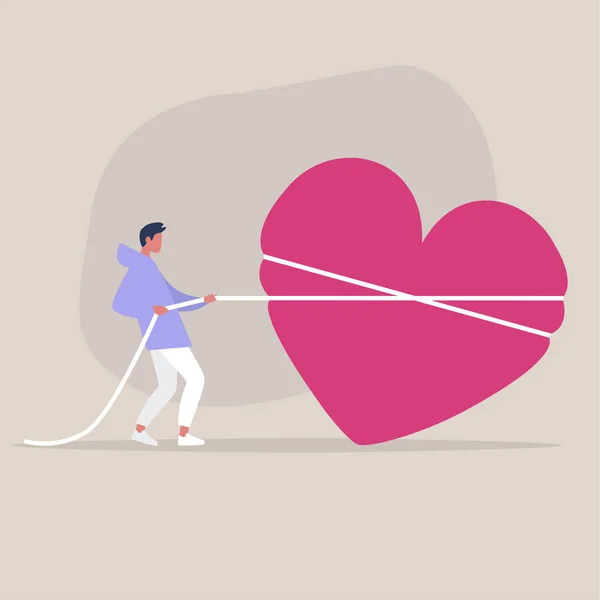 Saint Valentine Day Young Male Character Pulling Heart Rope Love — Stock Vector