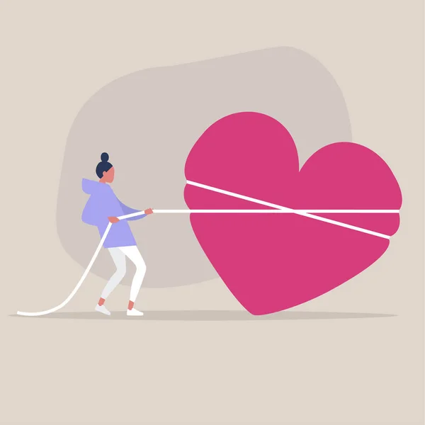 Saint Valentine Day Young Female Character Pulling Heart Rope Love — Stock Vector