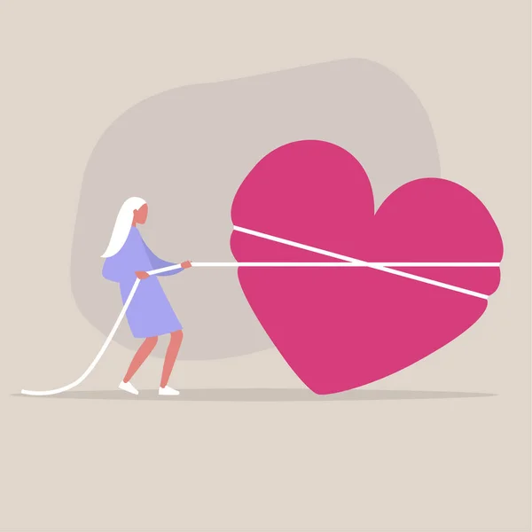 Saint Valentine Day Young Female Character Pulling Heart Rope Love — Stock Vector