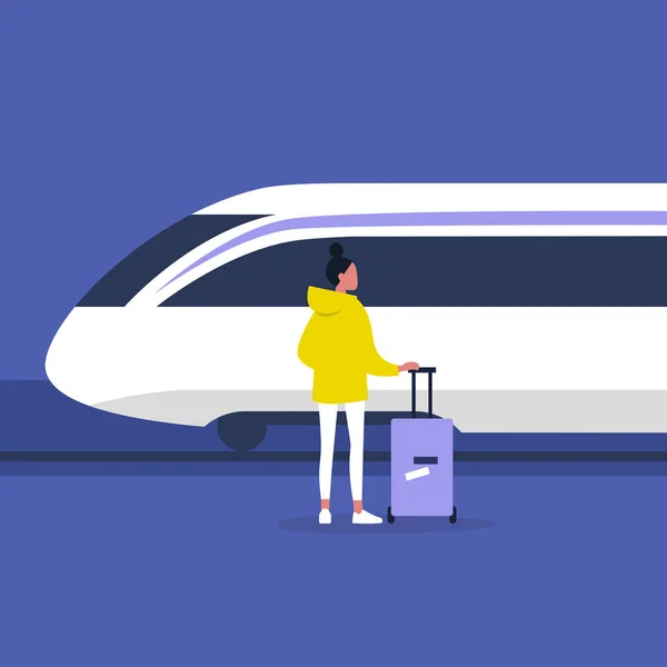 Yüksek Hızlı Tren Lokomotifi Genç Bir Kadın Karakter Bir Platformda — Stok Vektör