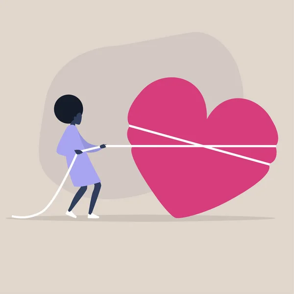 Saint Valentine Day Young Black Female Character Pulling Heart Rope — Stock Vector