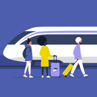 Yüksek hızlı tren lokomotifi, bir grup genç yetişkin insan bavullarıyla bir platformda ayakta ve yürüyorlar.