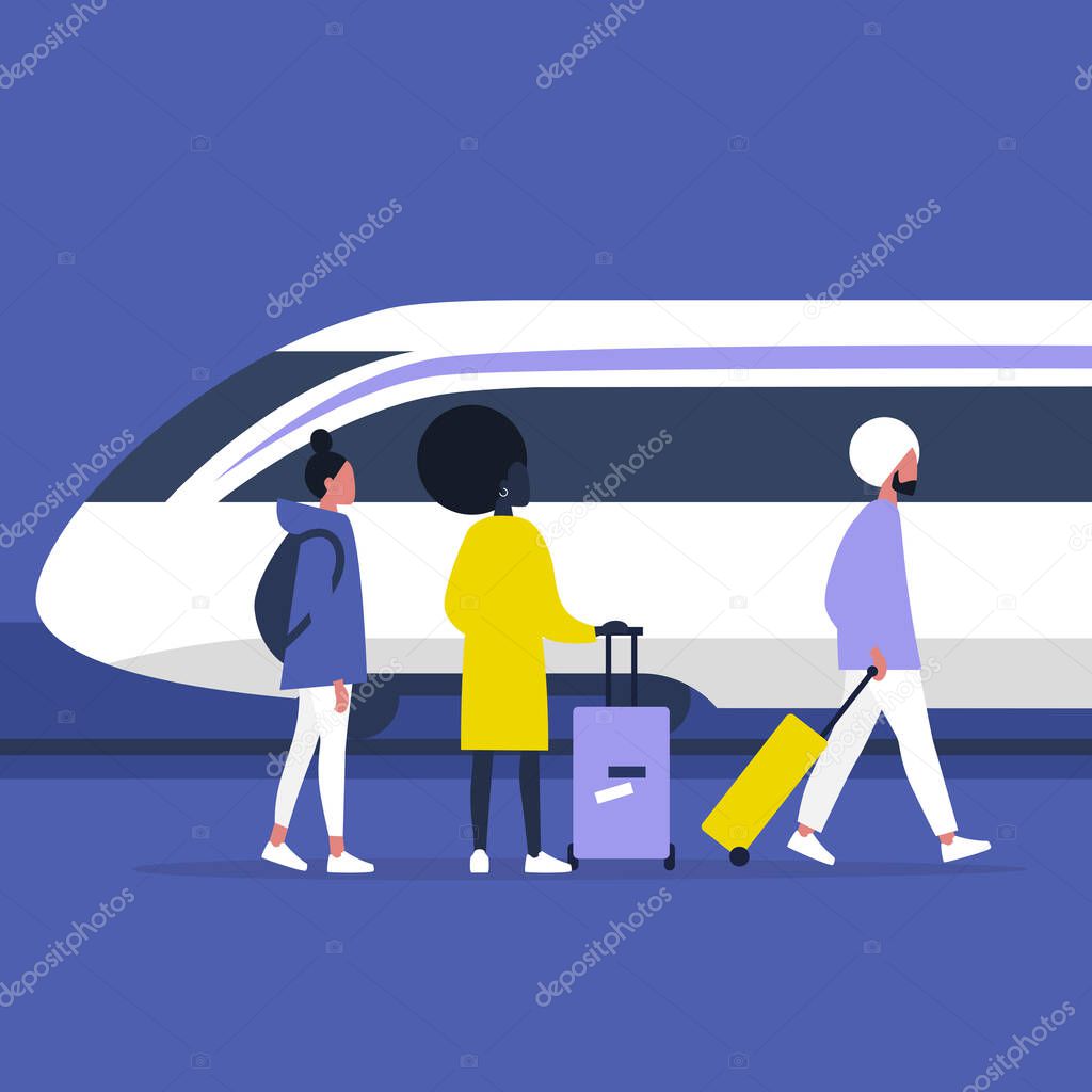 High speed train locomotive, a group of young adult characters standing and walking on a platform with their luggage