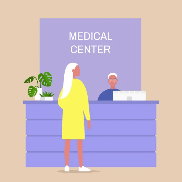 医療センターフロント、若い女性の文字が待っている情報 — ストックベクタ