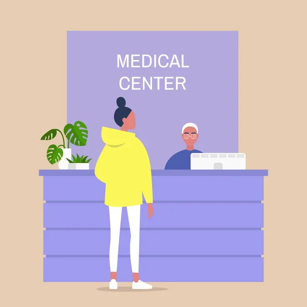 Centre médical réception, jeune personnage féminin en attente fo — Image vectorielle