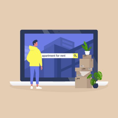 Genç erkek karakter bir daire bulmak için çevrimiçi platform kullanıyor.