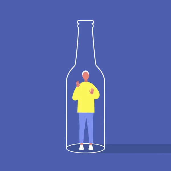 Alcool et toxicomanie, Jeune personnage masculin piégé à l'intérieur d'un bot — Image vectorielle