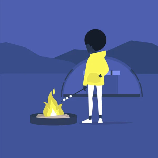 Turistika v lese, mladá černá žena turistické pečení marshmallo — Stockový vektor