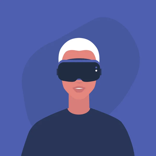 Jovem personagem masculino vestindo um fone de ouvido realidade virtual, Millenni — Vetor de Stock