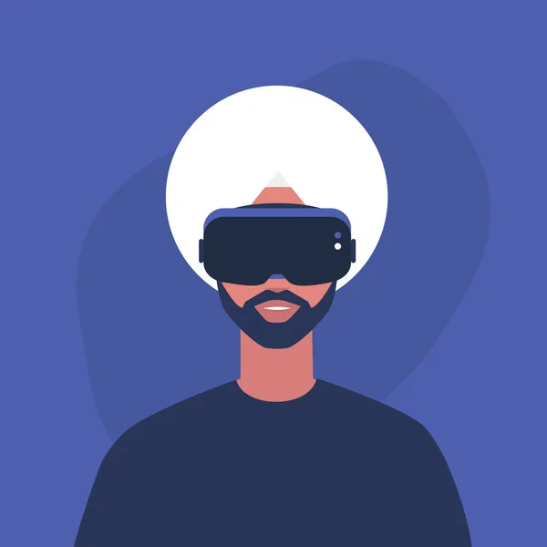 Jovem índio personagem masculino vestindo um fone de ouvido realidade virtual, M — Vetor de Stock