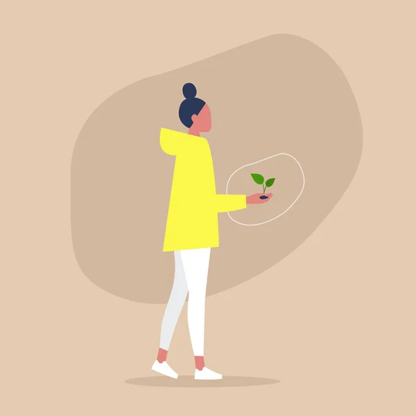 Aller vert, jeune personnage féminin tenant une plante dans leur main , — Image vectorielle