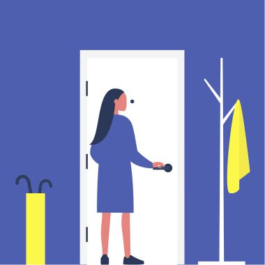 Young female character opening a front door, furnished apartment corridor, lifestyle, daily life clipart