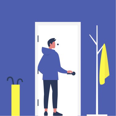 Genç erkek karakter ön kapıyı açıyor, mobilyalı apartman koridoru, yaşam tarzı, günlük yaşam.