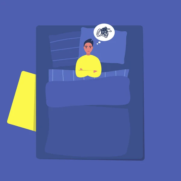 Junger männlicher Charakter leidet unter Schlafstörungen, Schlaflosigkeit, später Nacht — Stockvektor