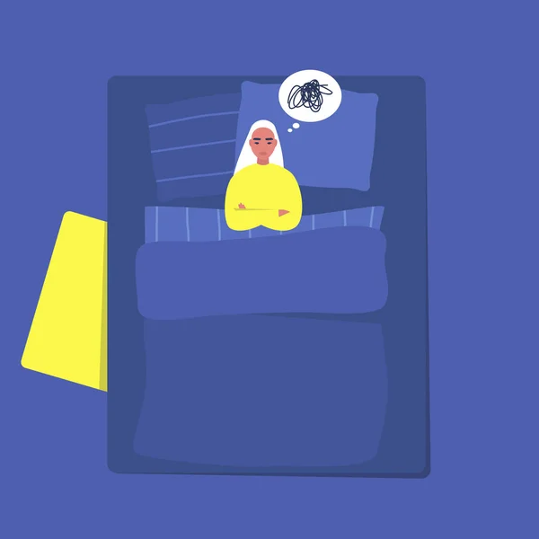 Jeune personnage féminin souffrant de troubles du sommeil, Insomnie, tard dans la nuit — Image vectorielle