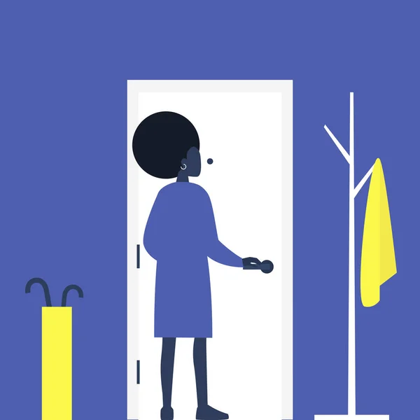 Νεαρή γυναίκα μαύρο χαρακτήρα ανοίγοντας μια μπροστινή πόρτα, επιπλωμένο διαμέρισμα διάδρομο, τον τρόπο ζωής, την καθημερινή ζωή — Διανυσματικό Αρχείο