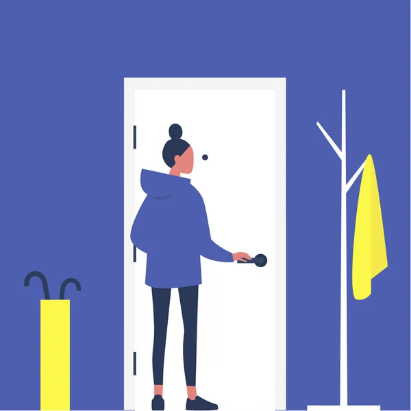 Jeune personnage féminin ouvrant une porte d'entrée, couloir appartement meublé, style de vie, vie quotidienne — Image vectorielle