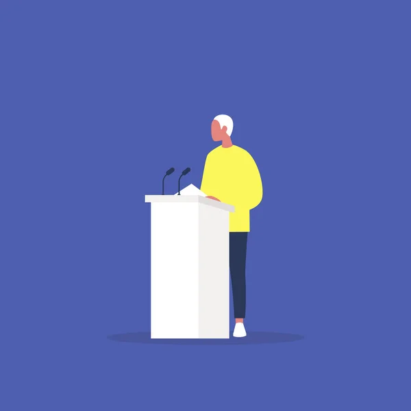 Political debate, young male speaker arguing behind the podium, — Stock Illustration Political debate, young male speaker arguing behind the podium, Royalty Free Stock Vectors