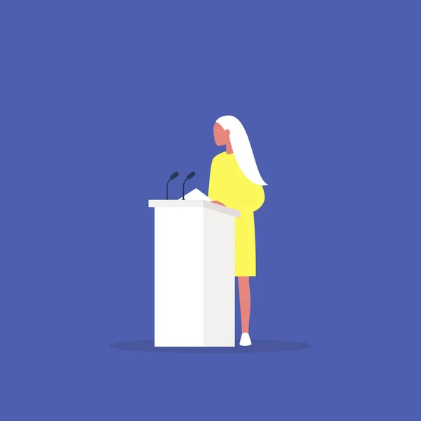 Political debate, young female speaker arguing behind the podium — Stock Illustration Political debate, young female speaker arguing behind the podium Vector Graphics