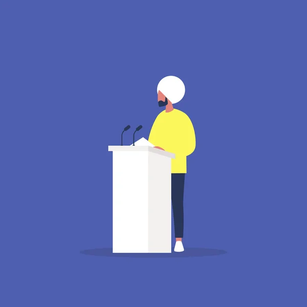 Political debate, young indian male speaker arguing behind the p — Stock Illustration Political debate, young indian male speaker arguing behind the p Stock Vector