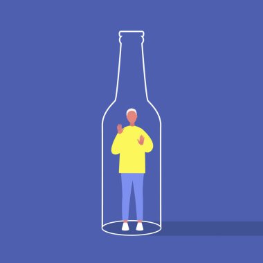 Alkol ve bağımlılık, bir robotun içinde hapsolmuş genç erkek karakter.