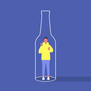Alkol ve bağımlılık, bir robotun içinde hapsolmuş genç erkek karakter.
