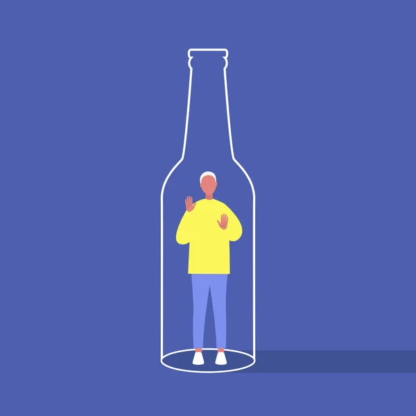 Alcool et toxicomanie, Jeune personnage masculin piégé à l'intérieur d'un bot — Image vectorielle
