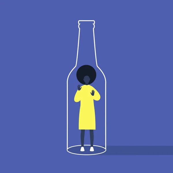 Alkohol och missbruk, ung svart kvinnlig karaktär instängd i — Stock vektor