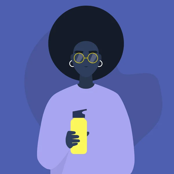 Um retrato de uma jovem personagem feminina negra bebendo água de — Vetor de Stock