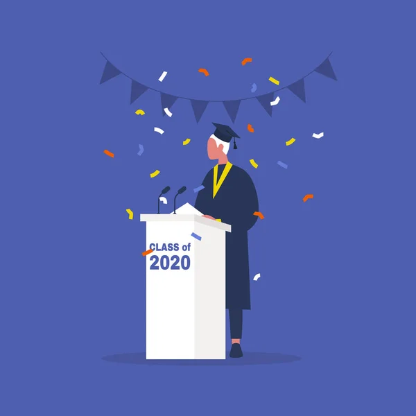 2020-as évfolyam, diplomás férfi tanuló, mögötte álló ruhában — Stock Vector