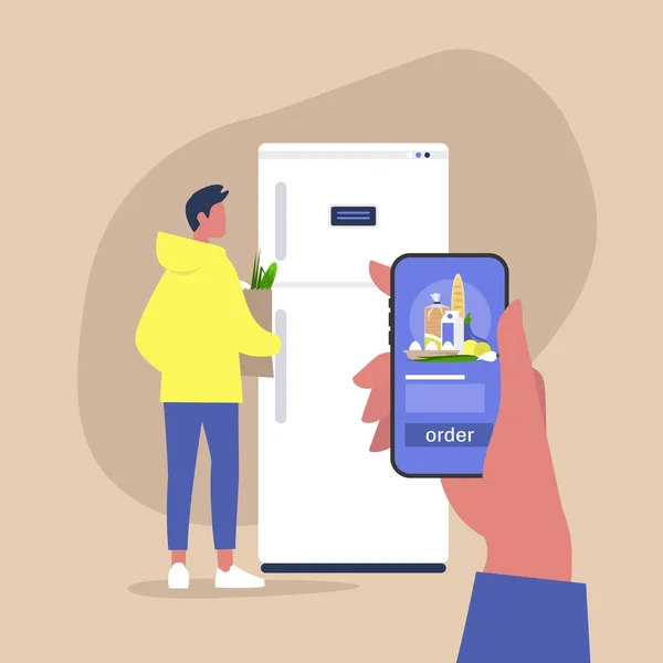 Online stormarknad, beställa mat leverans med en smartphone, yo — Stock vektor