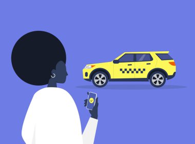 Mobil uygulama servisi olan bir taksi çağıran genç siyah kadın karakter, damalı sarı taksi.
