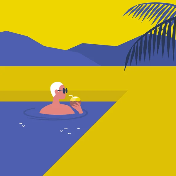 Гаряча сонячна літня погода, молодий чоловічий персонаж плаває в пуебло — стоковий вектор