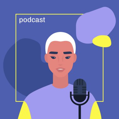Genç Asyalı erkek karakter bir podcast sunuyor, kapak resmi temposu