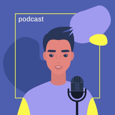 Bir podcast sunan genç erkek karakter, kapak resmi şablonu