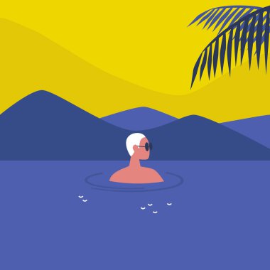 Genç erkek karakter denizde yüzüyor, tropikal bir yerde tatil yapıyor.