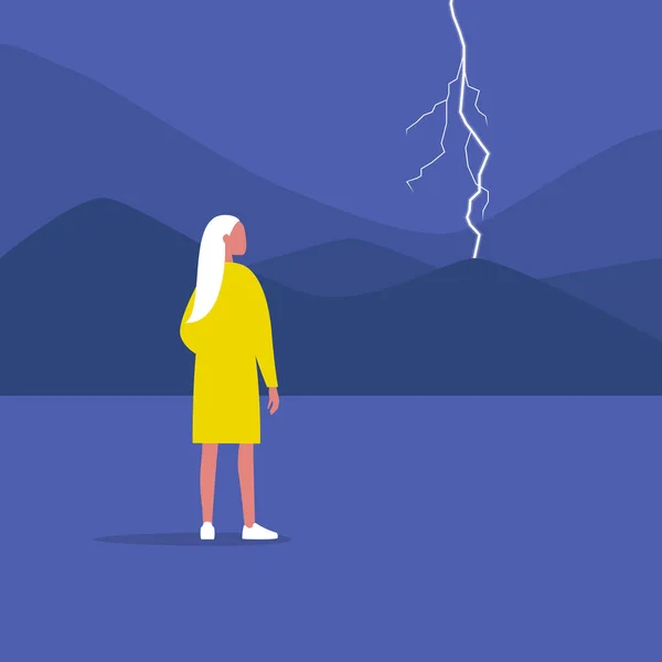 Thunderstorm, weather and nature. Young female character looking — 스톡 벡터