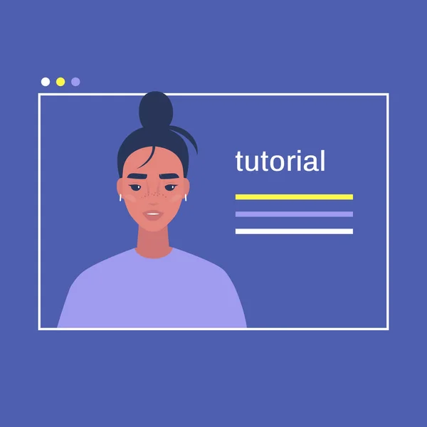 Video tutorial en línea, imagen de portada, un retrato de una joven mujer — Vector de stock