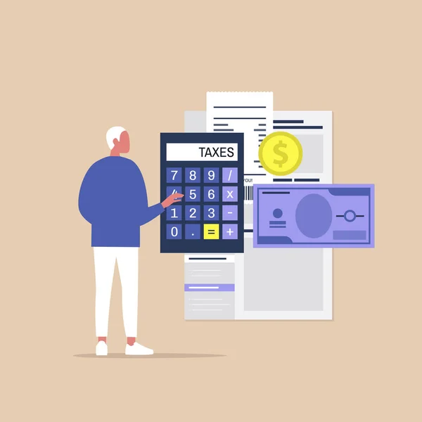 Genç erkek karakter vergi beyannamesi dolduruyor, gelir beyan ediyor.