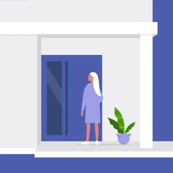 Young female character standing next to a front door, building e — 스톡 벡터