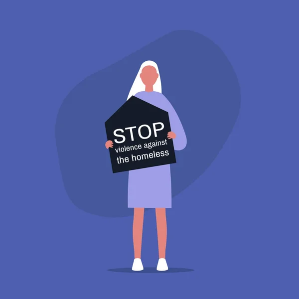 Arrêter la violence contre les sans-abri, jeune personnage féminin holdi — Image vectorielle